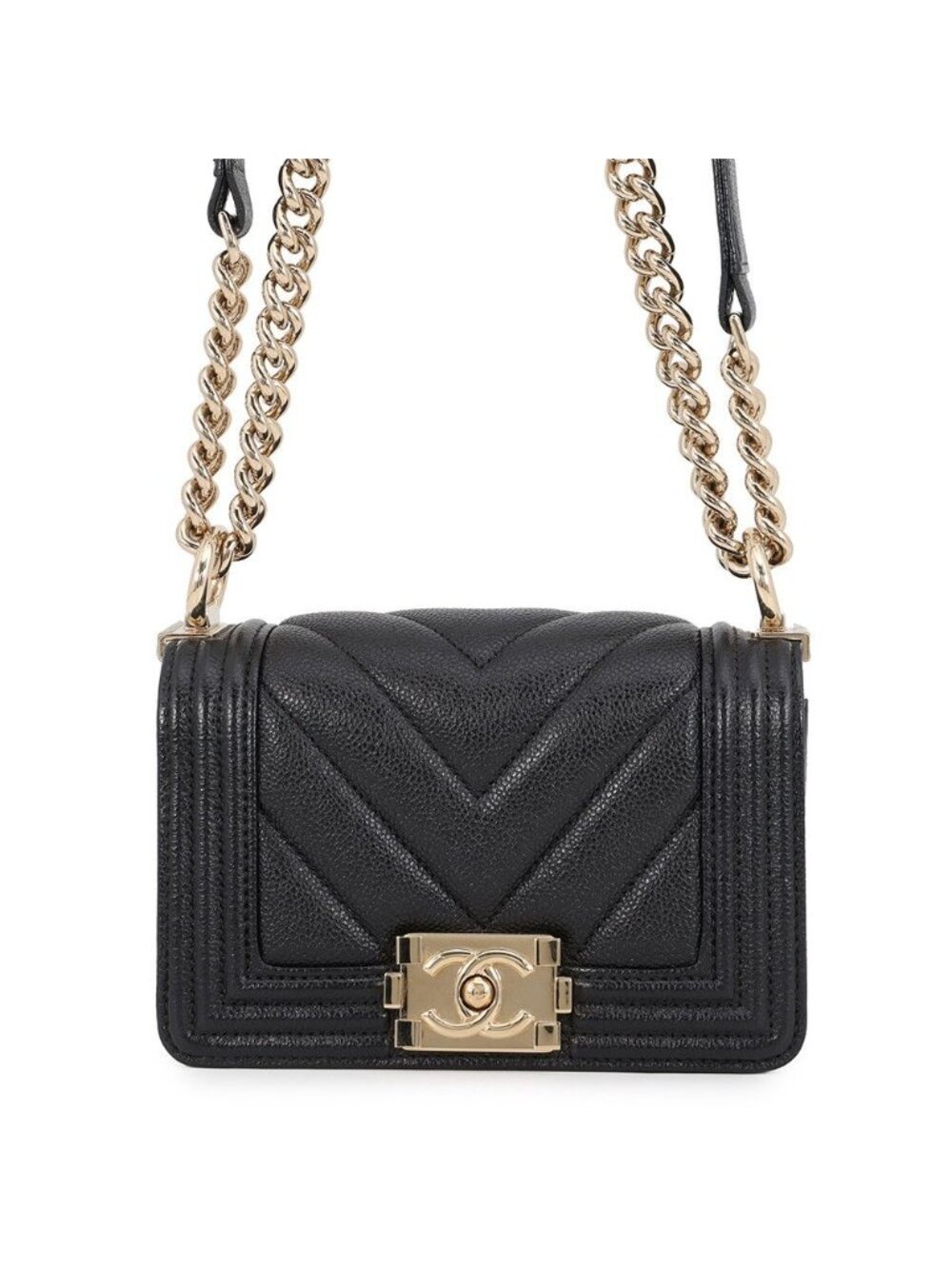 Chanel Chain Shoulder Bag Boy Chevron Caviar Leather Black